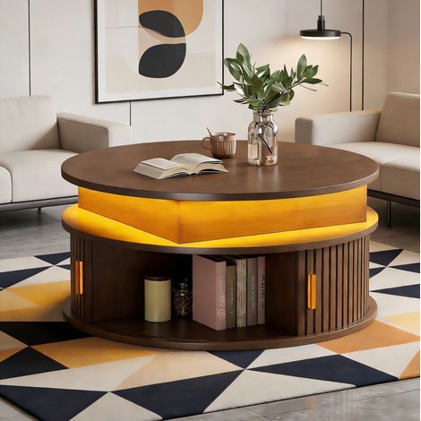 Table basse ronde 75x75x52 cm en MDF marron relevable, pour salon, gain de place – MEUBLIV (1/5)