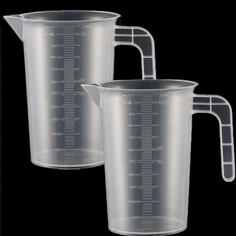 Lot de 2 verres doseurs en plastique avec poignée et graduation des grammes de 500 ml, résistants à la chaleur, verres doseurs de précision, pour détergent, cuisine, laboratoire, 0.5 l, transparent (1/5)