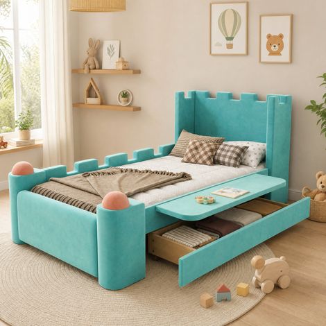 Lit enfant 90x200 cm style château, avec tablette rabattable et tiroir, bleu-vert OKMYHOME (1/5)