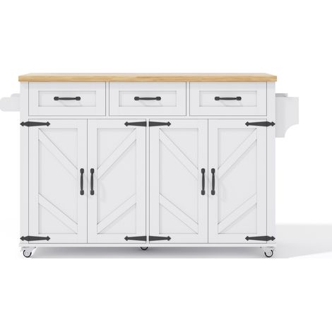 Isla de cocina blanca y natural de MDF con tablero abatible 140 x 70 x 90,5 cm (1/5)
