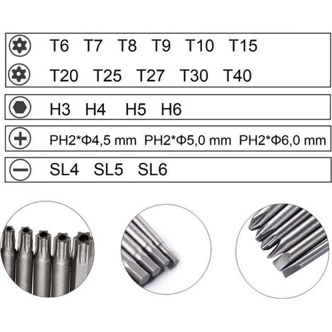 Embouts de Tournevis 21 Pièces, Embout de Vissage Magnetique 100mm Long, Torx T6-T40, Hexagonal 3mm-6mm, Phillips PH2, Plats 4mm-6mm, 1/4" Hex Tige (1/3)