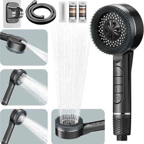 Pommeau douche haute pression anti-calcaire - 4 jets , économie d'eau , avec tuyau 1,5m et support , gris argenté (1/4)