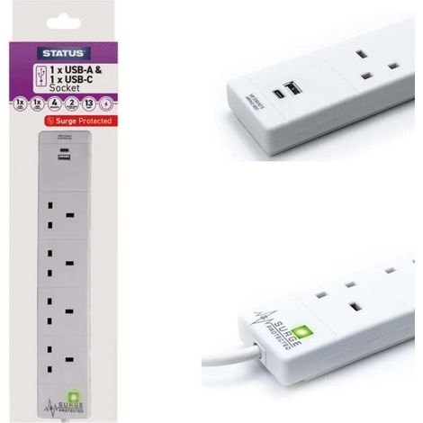 STATUS White Extension Lead 4 Way + USB A USB C Surge Protection 2m 4 Plug Gang (1/4)