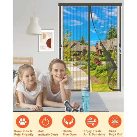 Moustiquaire de porte magnétique 140x210 CM – Polyester noir – Installation rapide sans outils – Protection contre insectes volants