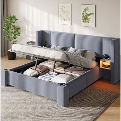 Lit coffre 180x200 cm avec LED et chevets intégrés, revêtement en lin gris OKMYHOME (1/5)