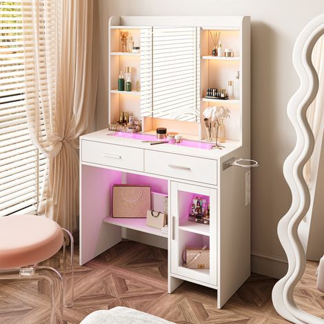 Coiffeuse avec miroir et lumières LED réglables, table de maquillage avec rangement, coiffeuse moderne avec station de charge USB, support pour sèche-cheveux, pour chambre à coucher, 89,8 x 40 x 145 c