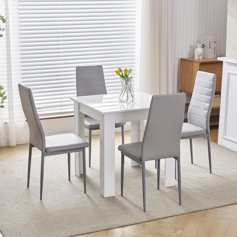 75x75cm Square Dining Table and Chairs Set, Small Dining Room Set High Gloss Dining Table with Chairs Home Furniture (Grey Faux Leather, White Table with 4 Chairs) (1/5)