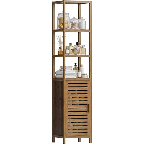 Meuble Colonne Salle de Bain, Armoire Bambou Salle de Bain Haute avec Étagères Amovible et Compartiments Ouverts, pour Les Petits Espaces, Noyer (1/5)