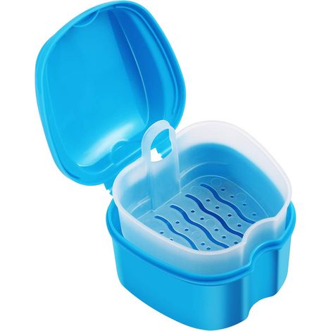 Boîte de rangement pour prothèses dentaires et appareils orthodontiques, étui avec panier de trempage, bleu (1/5)