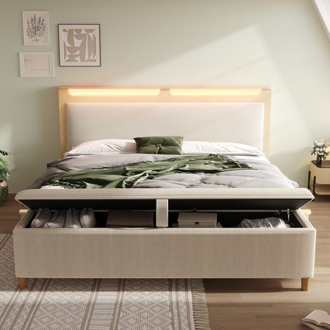 Cama de madera color roble claro y pana beige 140x200 cm con LED, cabecero con almacenaje y banco incluido