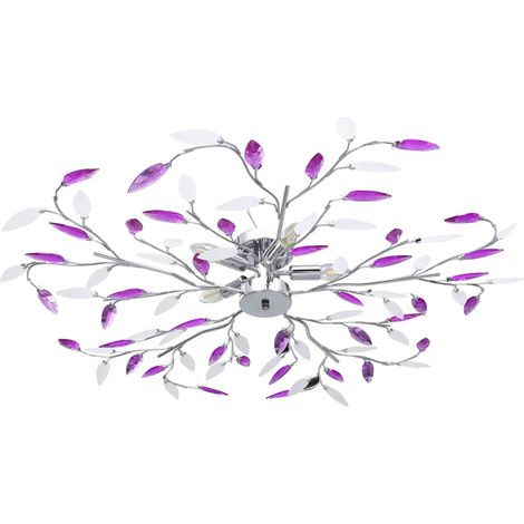 Plafonnier moderne design feuille en cristal acrylique – 5 ampoules E14, métal chromé satiné violet, Ø100 x H15 cm, pour salon et chambre (1/5)
