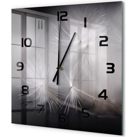 Grande Horloge Murale Carrée Déco Salon Verre Trempé Silencieuse Design Contemporain Graines de pissenlit 60x60 cm (1/5)