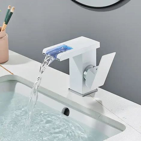 Bathroom Sink Faucet with Waterfall LED Light, Cold and Hot Water Faucet (White)