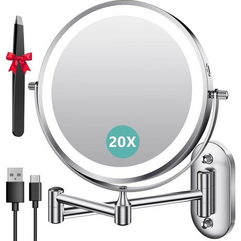 Miroir Grossissant Mural 1X/20X, Batterie 3200mAh, 3 Modes Couleur, Bouton Tactile 2 Faces, Miroir Grossissant Lumineux 360° Pivotant Extensible, pour Salle de Bain, Chambre, Hôtel, Vestiaire (1/5)