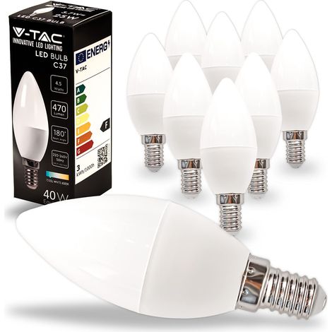 V-TAC 10x Lampadine LED Candela con Attacco E14 - 4,5W (Equivalenti a 40W) - Lampadine di Nuova Generazione - 470 Lumen - Massima Efficienza e Risparmio Energetico - 6500K Luce Bianca Fredda (1/4)