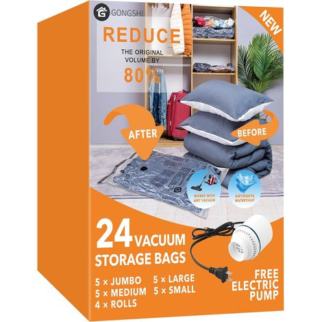 24 sacs de rangement sous vide avec pompe électrique, (5 jumbo, 5 grands, 5 moyens, 5 petits, 4 sacs enroulables) Sac économiseur d'espace pour vêtements, matelas, couverture, couettes, oreillers (1/5)