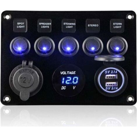 5 Gang Panneau de Interrupteur à Bascule 12V/24V Étanche IP65 Panneau de Commutateur avec Chargeur Double USB Voltmètre Numérique pour Voiture Bateau Camion RV Marine Camping-car (1/3)