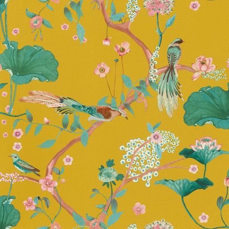 Oriental Wallpaper Chinese Garden Textured Heavy Duty Vinyl Feature Wall Yellow
