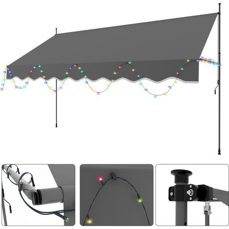 SWANEW Tenda da sole manuale con maniglia Non richiede foratura Resistente all'acqua e al sole Altezza regolabile Con luci decorative Grigio 400cm (1/5)