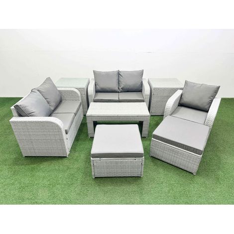 Fimous High Back Poly Rattan Garden Furniture Set with Reclining Chair Loveseat Sofa Oblong Coffee Table Indoor Outdoor Patio Set 2 Big Stool 2 Side Table Light Grey (1/4)