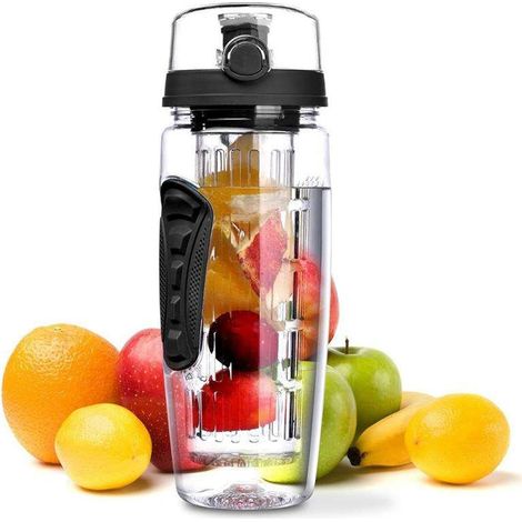 Botella de agua deportiva con colador para té de frutas de gran capacidad - negra (1/4)