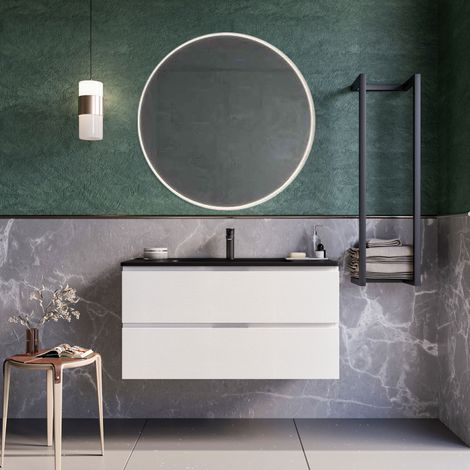 Mobile bagno sospeso 80cm bianco lavabo nero opaco specchio armony, selezione accessori senza specchio