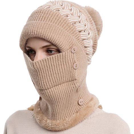 Bonnet d'hiver pour femme, bonnet une pièce pour femme, écharpe, masque, bonnet chaud d'hiver en maille, bonnet de ski épais (1/5)