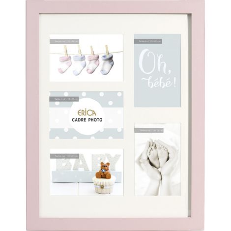 Cadre photos bois 5 vues - ERICA "Oh Bébé " - 44 x 34 x 1,5 cm - Rose - Livraison gratuite