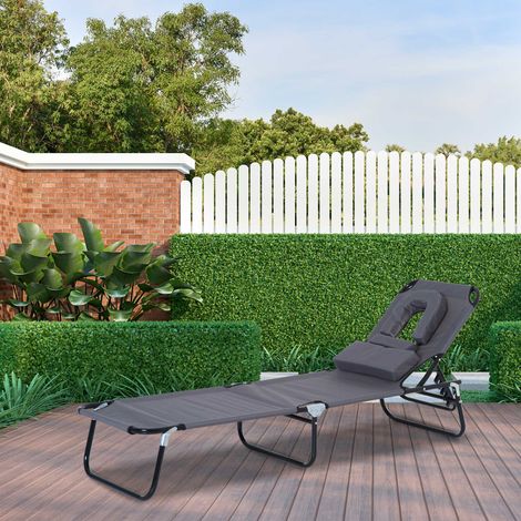 Chaise longue pliante Gris 120 kg dossier réglable 4 positions cadre métal oreiller oxford camping/terrasse/plage charge 190x56x28 cm