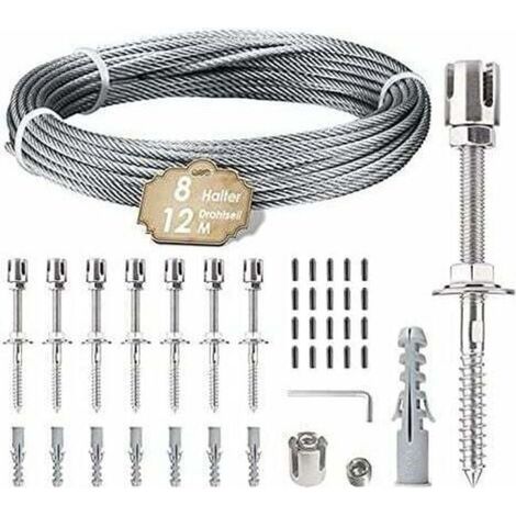 Support pour plantes grimpantes, kit de suspension de corde en acier inoxydable de 12 m avec câble en acier inoxydable de 3 mm et 8 tendeurs pour jardin/mur en béton/câble de clôture/bois massif ( (1/4)