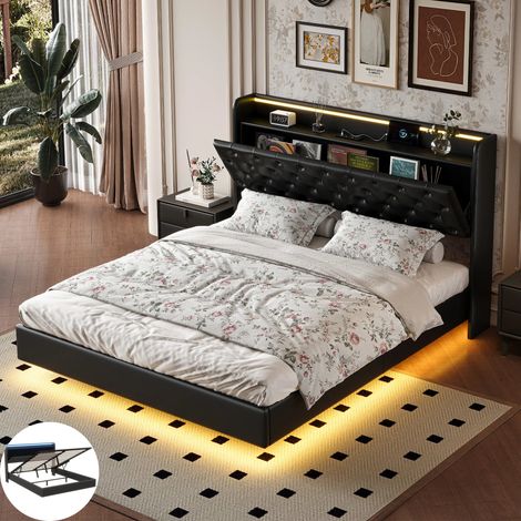 Lit 160x200 cm avec éclairage LED et USB Cadre de Lit suspendu, Lit Flottant avec sommier à lattes, tête de lit Rangement, PU Noir (1/5)
