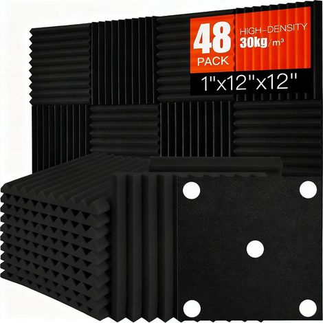 Lot de 48 panneaux acoustiques autocollants en mousse acoustique pour studio, bureau, traitement acoustique - Noir - 2,54 cm (1/5)