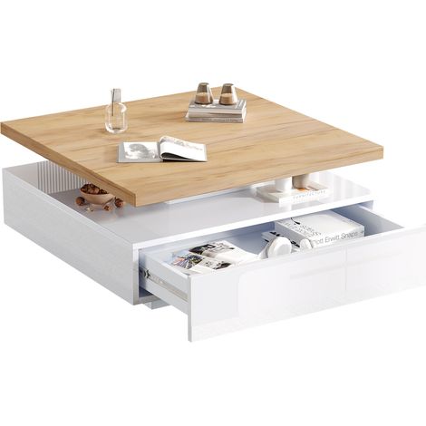 CHICFURN Mesa de centro cuadrada 70x70x36 cm en aglomerado blanco y nogal, giratoria 360° (1/5)