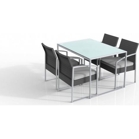 Set tavolo da pranzo tavolo con 4 sedie, polirattan nero lavato, cuscini grigio Fredi Baboi