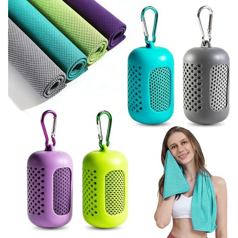Serviette Rafraîchissante 4 Pièces,Cooling Towel Serviette Froide Microfibre Séchage Rapide,Refroidissement Instantané,Serviette Sport Fitness Yoga Running 30x90 cm avec Étui Silicone