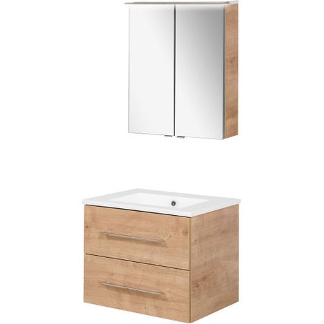 Fackelmann B.perfekt Badmöbel Set 3-teilig, 60 cm, Braun hell, LED-Spiegelschrank-09828 (1/5)