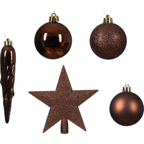 Decoris Weihnachtskugeln mit Christbaumspitze Stern, 33er Set, bruchsicher, espressobraun Hängedekoration