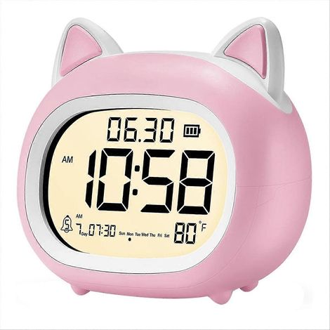 Réveil enfant avec veilleuse, réveil numérique pour chambre, aide à la routine, réveil chat rose mignon (1/5)