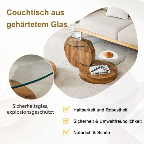 Table basse moderne en verre trempé, design épuré, support en panneaux MDF de qualité, décor bois naturel adhésif, choix multiple de coloris. (1/5)