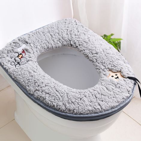 Housse de siège de toilettes en peluche grise, lavable, épaisse (1/5)