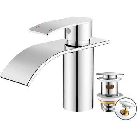 Robinet de salle de bain avec bonde - Robinet de lavabo cascade en acier inoxydable avec hauteur de bec 80 mm - Mitigeur monocommande pour eau froide et chaude dans la salle de bain (1/5)