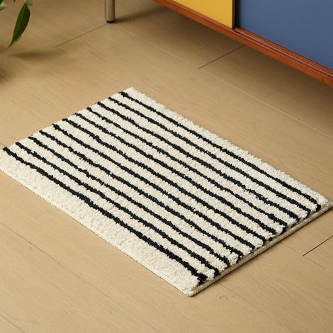 Tapis de bain rayé, tapis de salle de bain 16" x 24" en microfibre extra douce et moelleuse, absorbant l'eau, tapis de douche, tapis de baignoire antidérapant pour chambre et salon (Noir, 16" x 24") (1/5)