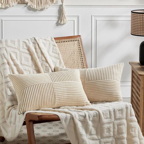 Set di 2 federe per cuscini in stile boho, 30x50 cm, beige, con motivo a croce, federe decorative in velluto a coste, federa accogliente, federa moderna per divano, camera da letto, sedia, letto (1/5)
