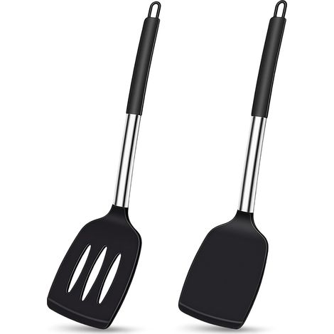 2 Stück Pfannenwender Silikon, Hitzebeständig Silikon Küchenhelfer Spatel BPA Frei mit Edelstahlgriff, für Fisch, Eier, Pfannkuchen, Schwarz (1/5)