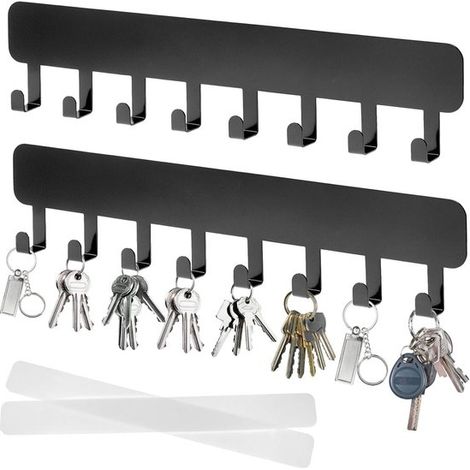 Wandmontierter Schlüsselhalter mit 8 Haken, selbstklebend, schwarz – 2er-Set
