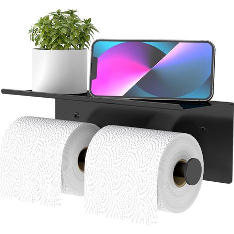 Doppelrollen-Toilettenpapierhalter aus Edelstahl 304 mit Ablage, wandmontiertes Aufbewahrungsgestell für Doppelrollen-Toilettenpapier (schwarz)