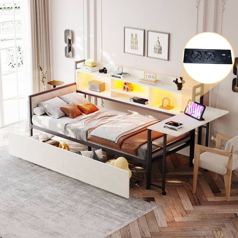 Lit combiné 90 x 200 cm en métal blanc avec led, tiroirs, prise et bureau rabattable (1/5)