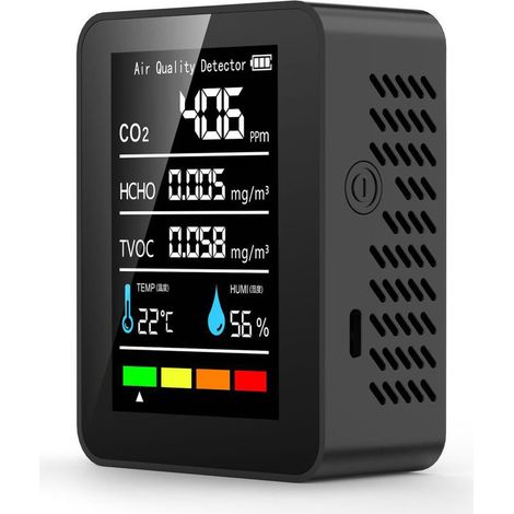 Détecteur de formaldéhyde capteur TVOC CO2 PM2.5 température humidité testeur de qualité de l'air 5 en 1 noir. (1/5)
