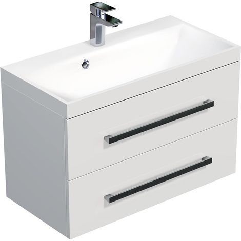 Naturel – Meuble sous vasque simple 80x40 cm blanc brillant – CUBE280ZBL – MDF avec vasque en résine – 2 tiroirs extensibles chromés (1/3)