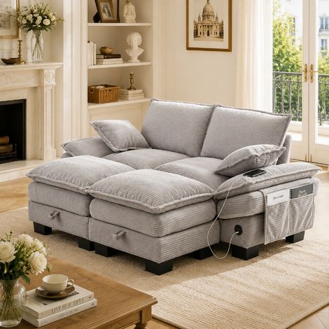 Modulares 2-Sitzer Cordsofa mit 2 Hockern und Stauraum, Ergonomische Couch mit USB-C Anschluss & Seitentaschen, Hellgrau, 190x132x84 cm (1/5)